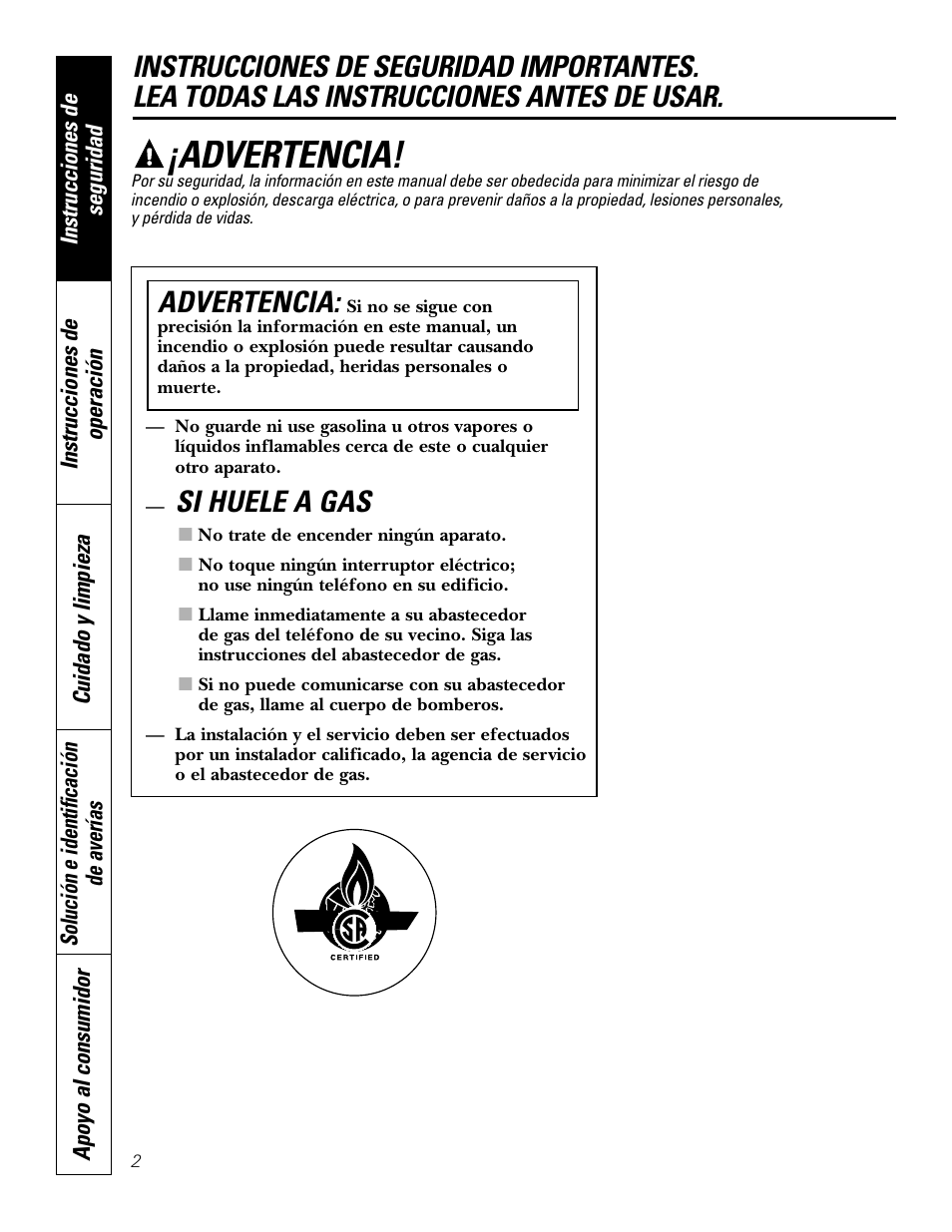 Instrucciones de seguridad, Advertencia, Si huele a gas | GE JGP989 User Manual | Page 38 / 72