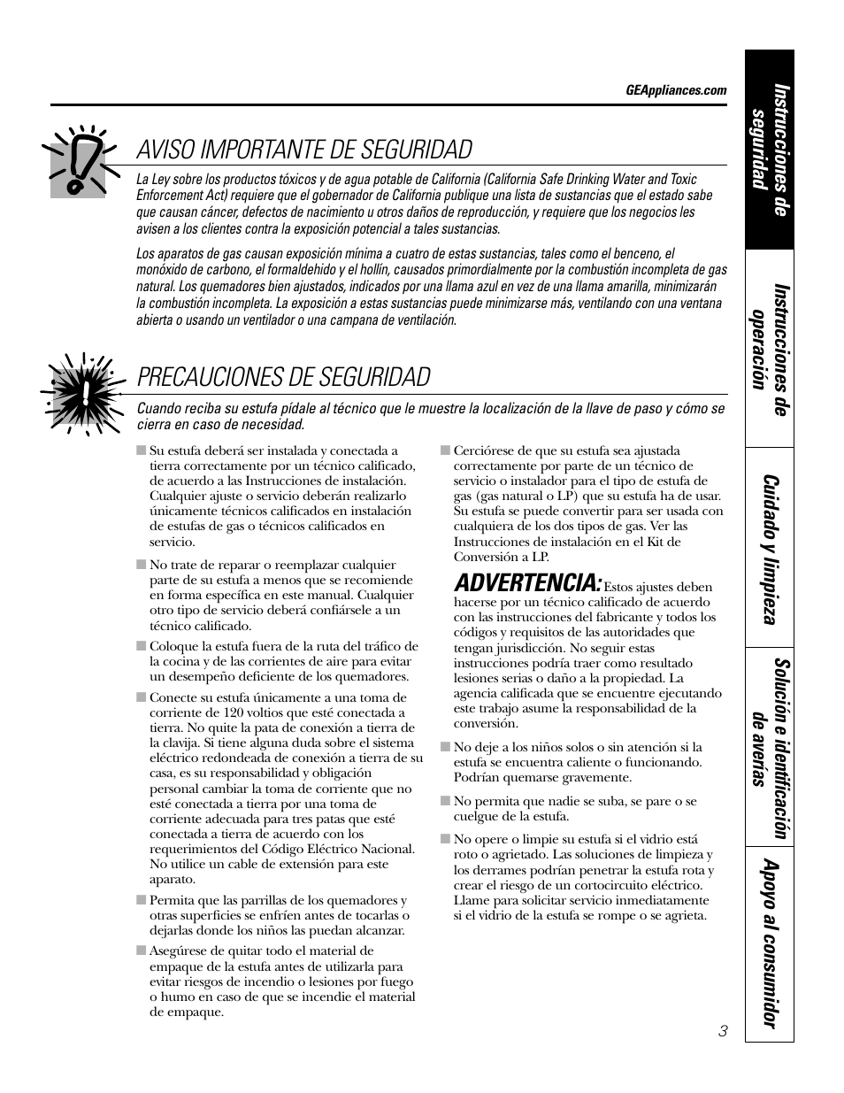 Precauciones de seguridad, Aviso importante de seguridad, Advertencia | GE JGP989 User Manual | Page 39 / 72