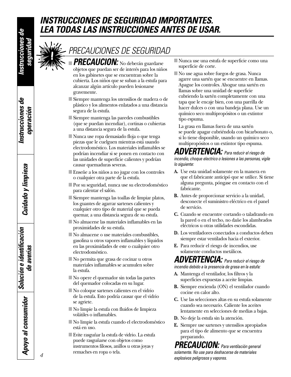 Precaucion, Advertencia | GE JGP989 User Manual | Page 40 / 72