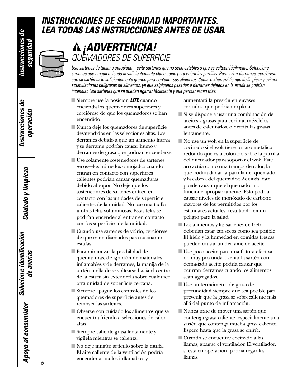 Advertencia, Quemadores de superficie | GE JGP989 User Manual | Page 42 / 72