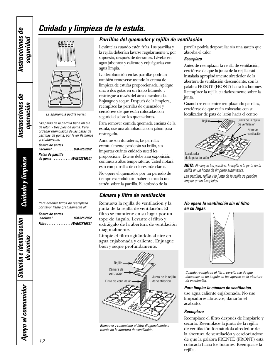 Filtro de ventilación, Parrillas del quemador y rejilla de ventilación, Cuidado y limpieza de la estufa | GE JGP989 User Manual | Page 48 / 72