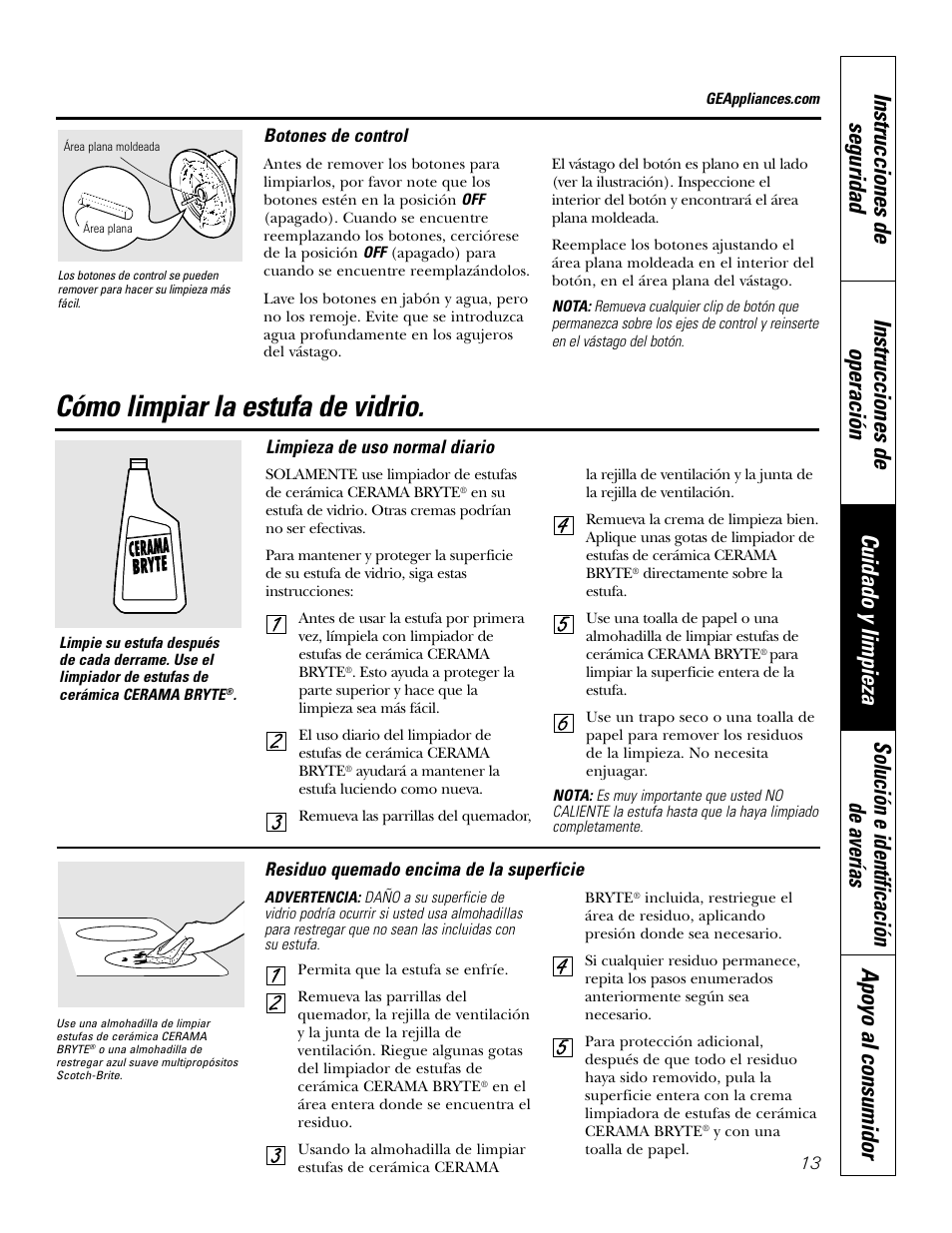 Botones de control, Superficie de vidrio, Superficie de vidrio , 14 | Cómo limpiar la estufa de vidrio | GE JGP989 User Manual | Page 49 / 72