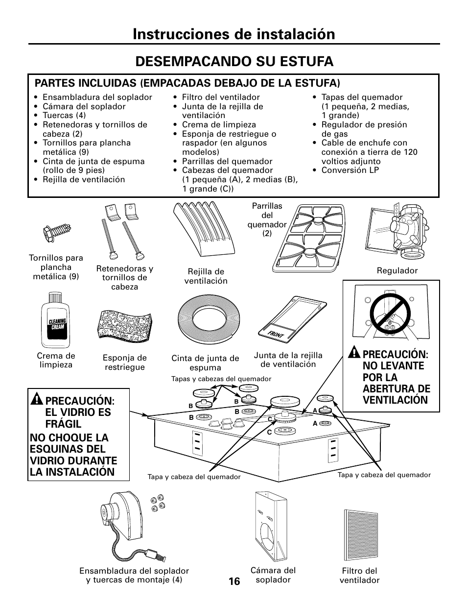 Cómo desempacar la estufa, Cómo desempacar la estufa , 24, Instrucciones de instalación | Desempacando su estufa, Partes incluidas (empacadas debajo de la estufa) | GE JGP989 User Manual | Page 52 / 72