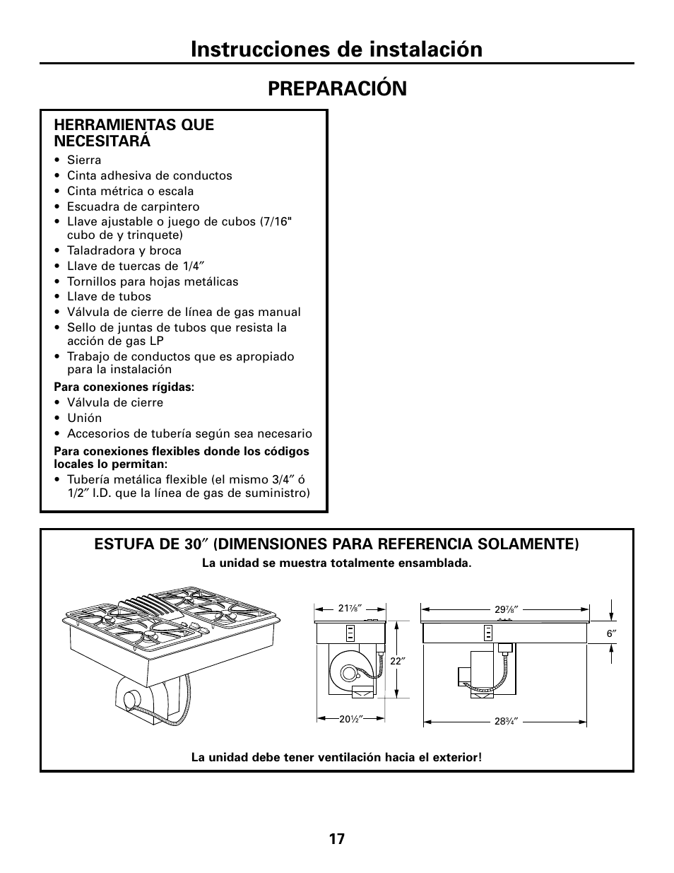 Preparación, Preparación –19, Instrucciones de instalación | 17 herramientas que necesitará | GE JGP989 User Manual | Page 53 / 72