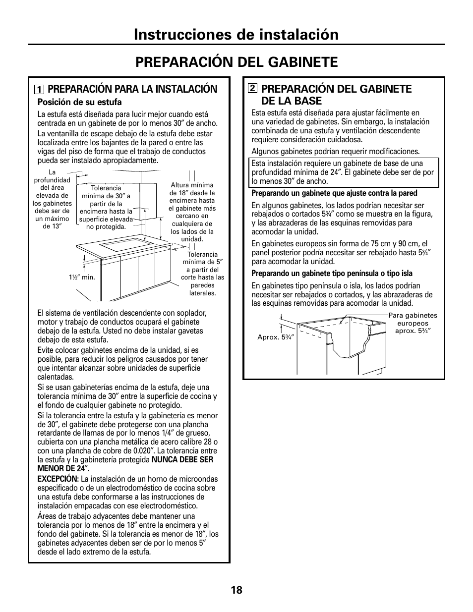 Instrucciones de instalación, Preparación del gabinete, Preparación para la instalación | Preparación del gabinete de la base | GE JGP989 User Manual | Page 54 / 72