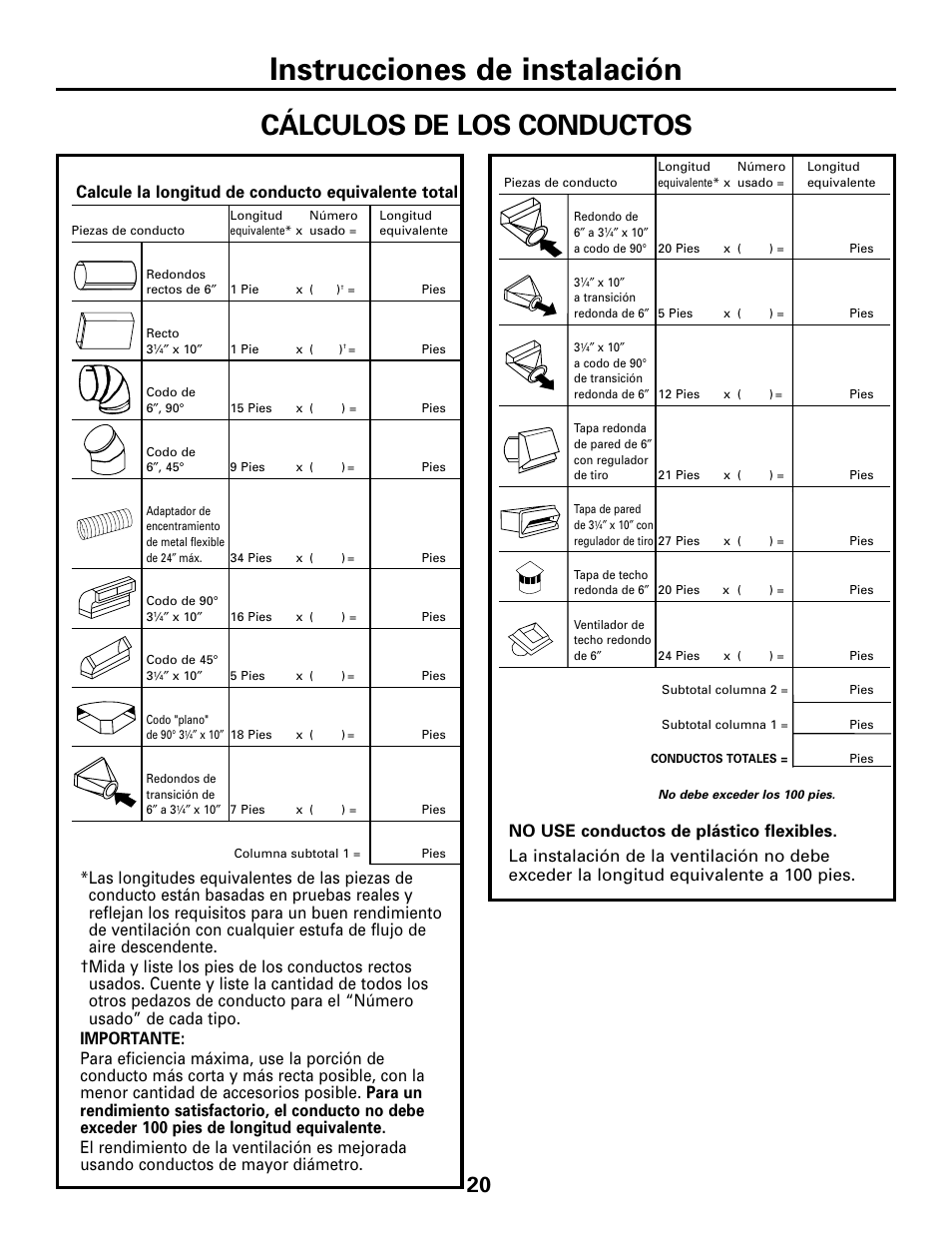 Instrucciones de instalación, Cálculos de los conductos, Calcule la longitud de conducto equivalente total | GE JGP989 User Manual | Page 56 / 72