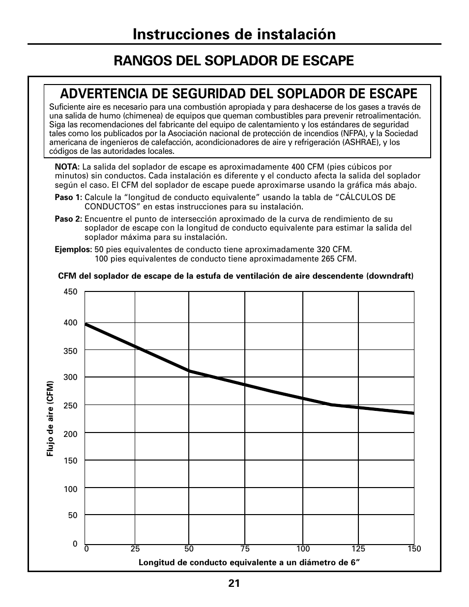 Índices de soplado de escape, Instrucciones de instalación, Advertencia de seguridad del soplador de escape | Rangos del soplador de escape | GE JGP989 User Manual | Page 57 / 72