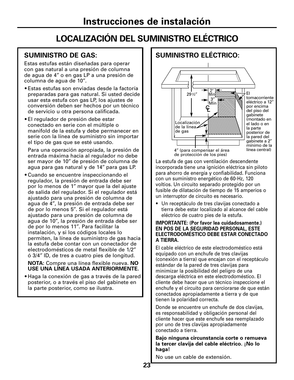 Conexiones eléctricas, Conexiones eléctricas , 28, 29, Instrucciones de instalación | Localización del suministro eléctrico, Suministro eléctrico, 23 suministro de gas | GE JGP989 User Manual | Page 59 / 72