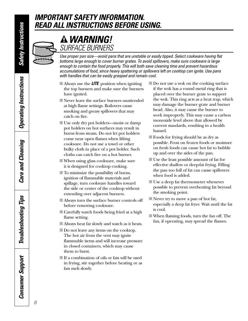 Warning, Surface burners | GE JGP989 User Manual | Page 6 / 72