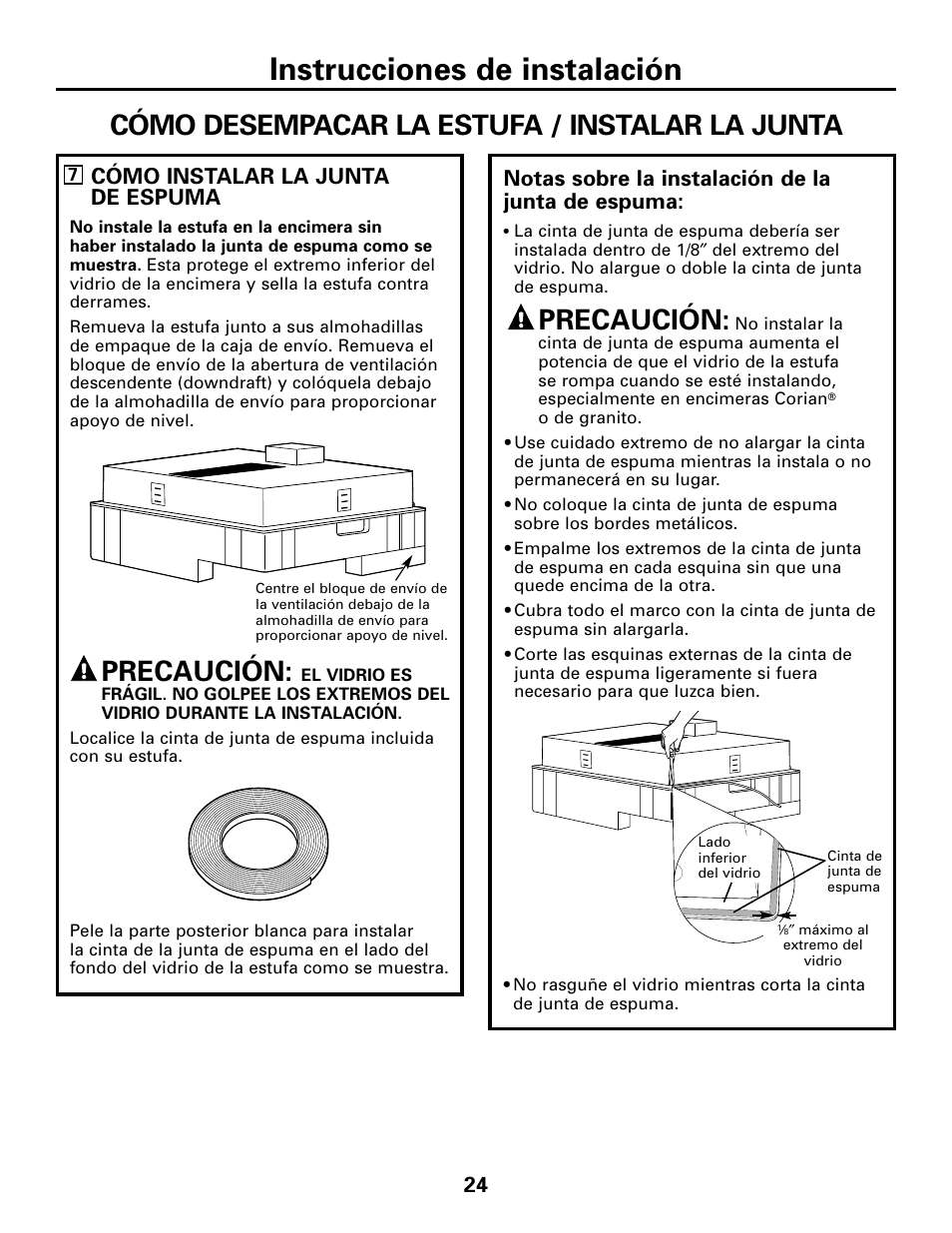 Cómo instalar la junta, Instrucciones de instalación, Precaución | Cómo desempacar la estufa / instalar la junta, Cómo instalar la junta de espuma, Notas sobre la instalación de la junta de espuma | GE JGP989 User Manual | Page 60 / 72