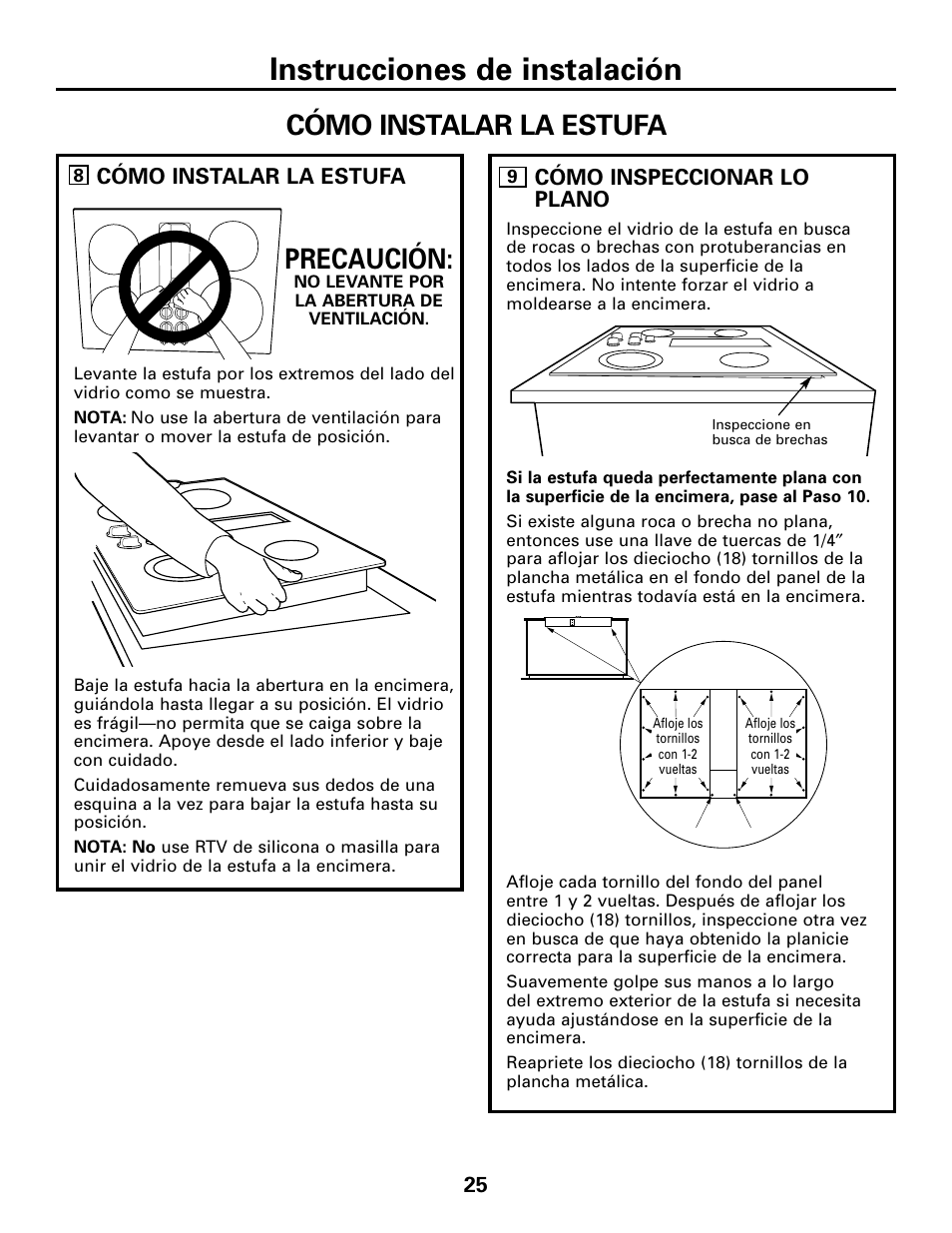 Cómo instalar la estufa, Cómo instalar la estufa –28, Instrucciones de instalación | Precaución | GE JGP989 User Manual | Page 61 / 72