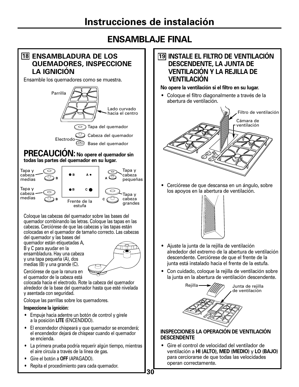 Ensambladura final, Instrucciones de instalación, Precaución | Ensamblaje final | GE JGP989 User Manual | Page 66 / 72