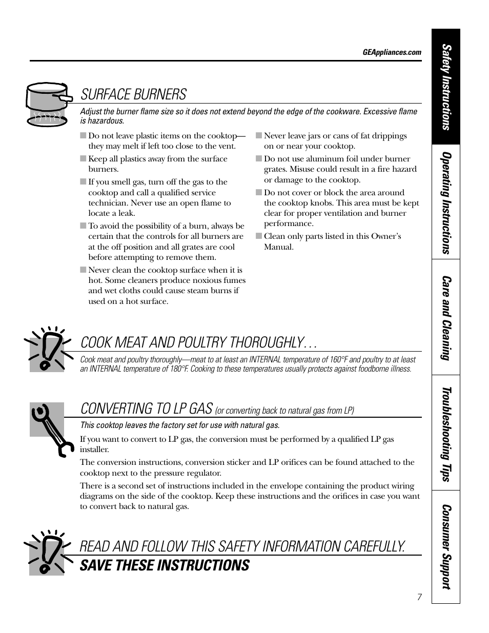 Converting to lp gas, Surface burners, Cook meat and poultry thoroughly | GE JGP989 User Manual | Page 7 / 72