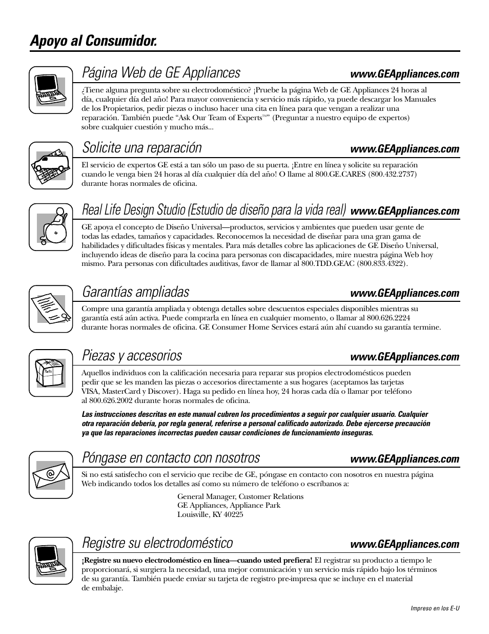 Apoyo al consumidor, Apoyo al consumidor . . . .cubierta posterior, Apoyo al consumidor. página web de ge appliances | Solicite una reparación, Garantías ampliadas, Piezas y accesorios, Póngase en contacto con nosotros, Registre su electrodoméstico | GE JGP989 User Manual | Page 72 / 72