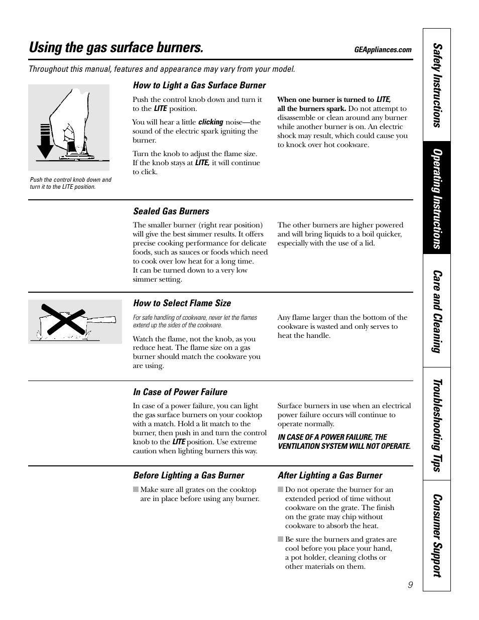 Gas surface burners, Using the gas surface burners | GE JGP989 User Manual | Page 9 / 72