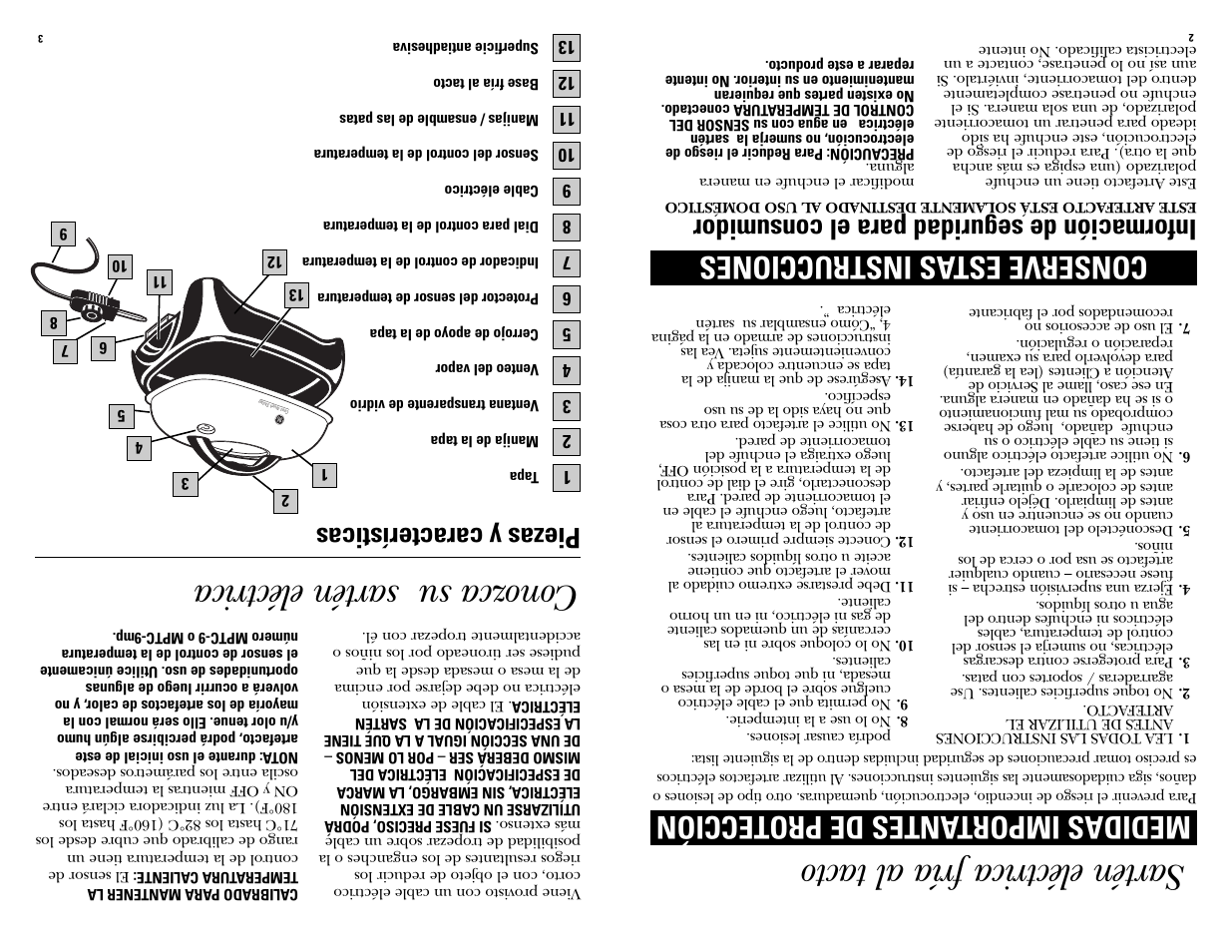 Sartén eléctrica fría al tacto, Conozca su sartén eléctrica, Medidas importantes de protección | Conserve estas instrucciones, Información de seguridad para el consumidor, Piezas y características | GE 106818 User Manual | Page 12 / 13