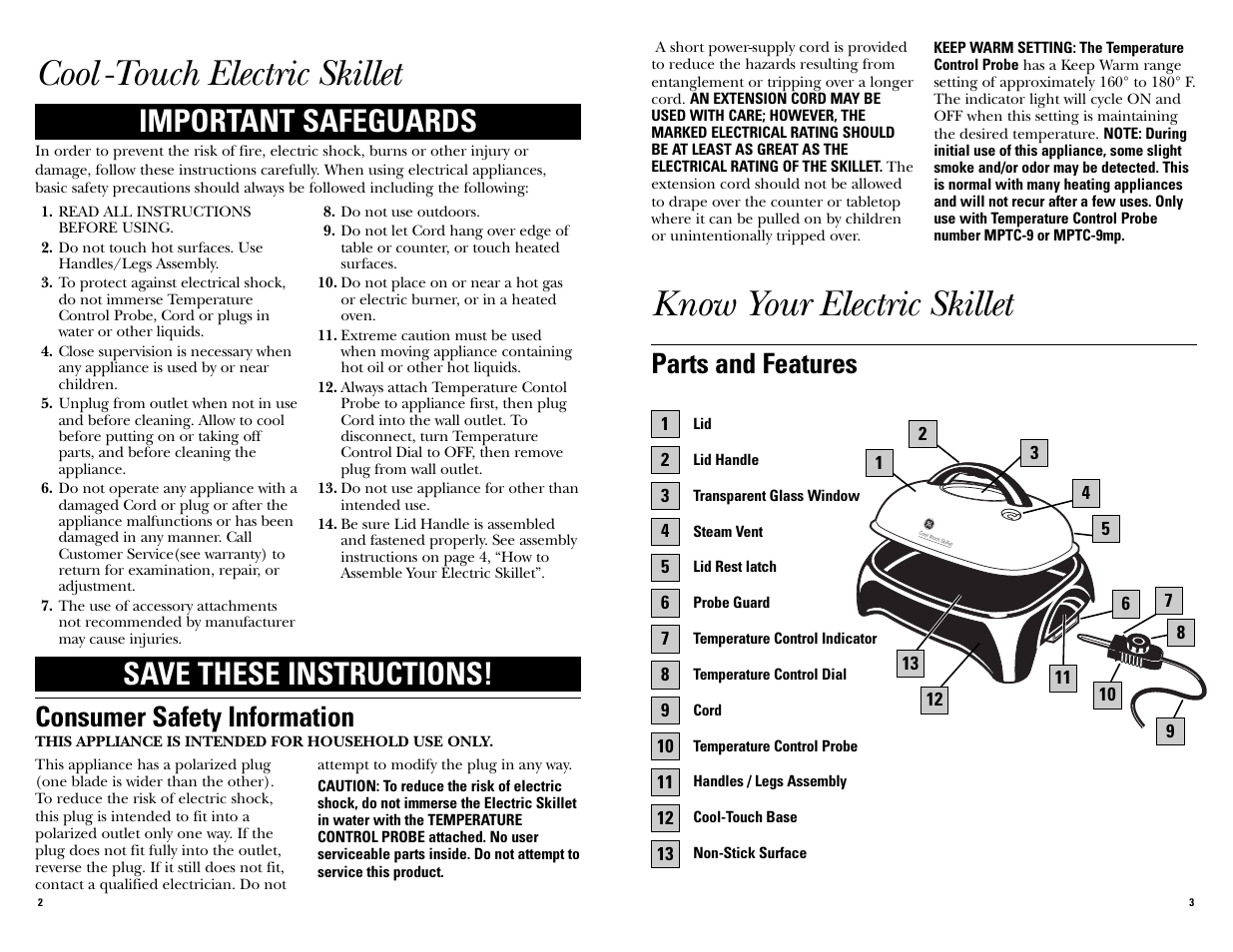 Know your electric skillet, Cool -touch electric skillet, Important safeguards | Save these instructions, Parts and features, Consumer safety information | GE 106818 User Manual | Page 2 / 13