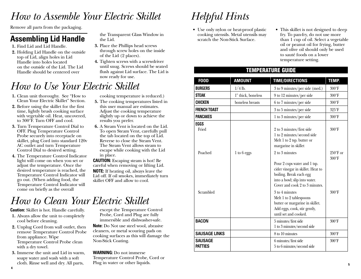 How to assemble your electric skillet, How to use your electric skillet, Helpful hints | How to clean your electric skillet, Assembling lid handle | GE 106818 User Manual | Page 3 / 13