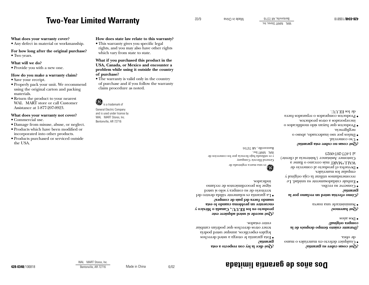 Dos años de garantía limitada, Two-year limited warranty | GE 106818 User Manual | Page 7 / 13