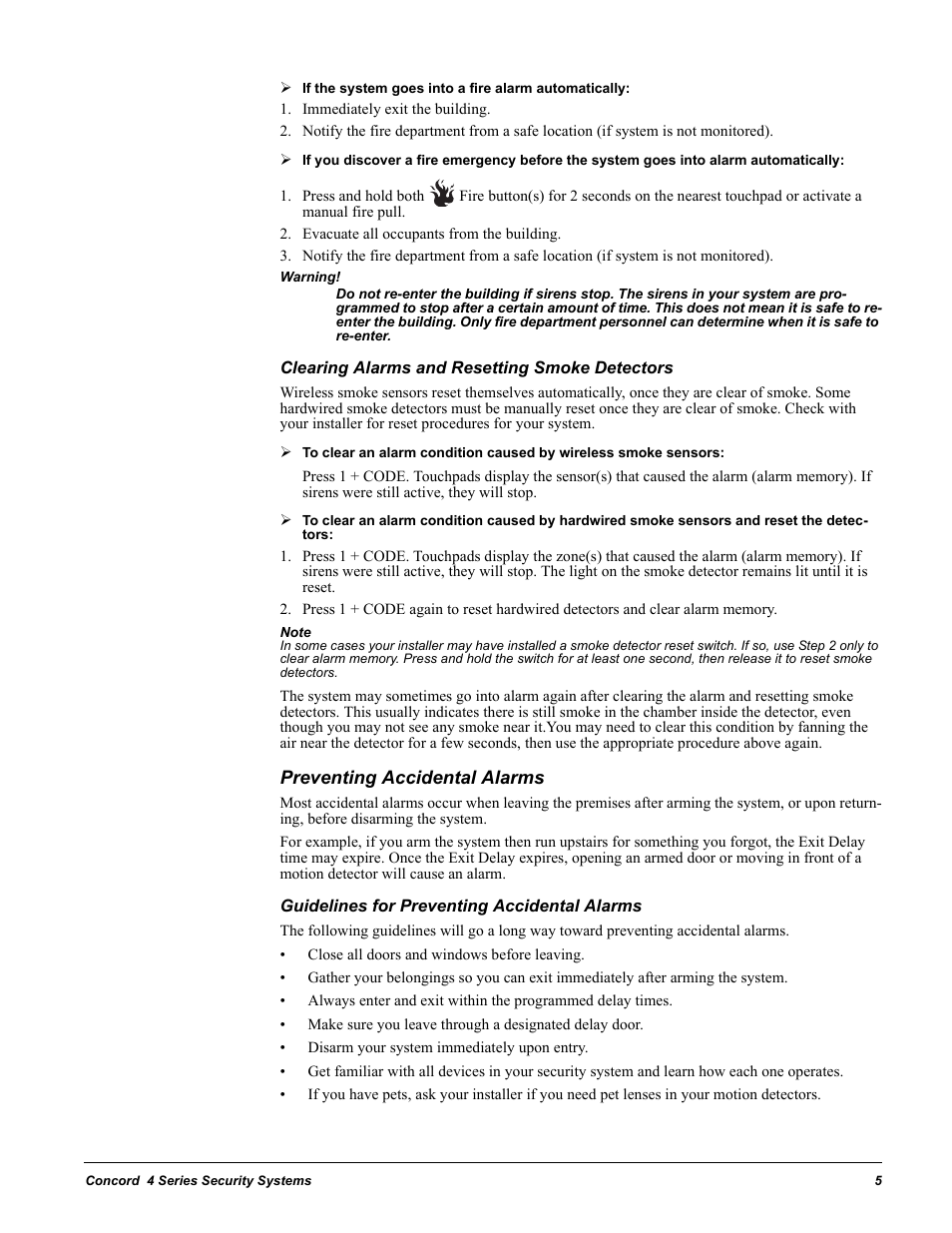 Immediately exit the building, Evacuate all occupants from the building, Clearing alarms and resetting smoke detectors | Preventing accidental alarms, Guidelines for preventing accidental alarms | GE 4 Series User Manual | Page 15 / 72