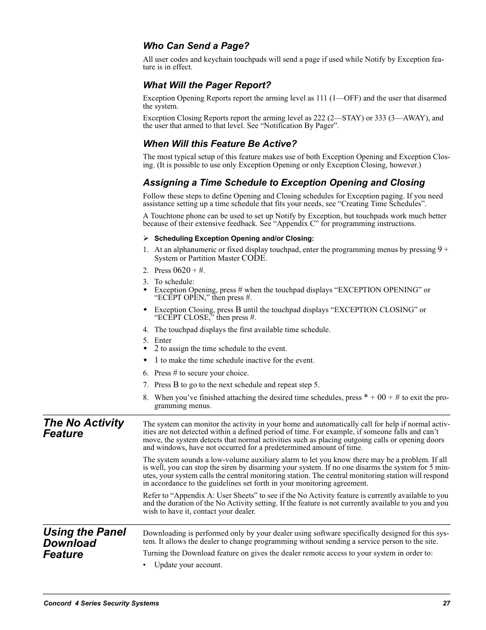 When will this feature be active, Press 0620, To schedule | Enter, Press # to secure your choice, The no activity feature, Using the panel download feature | GE 4 Series User Manual | Page 37 / 72