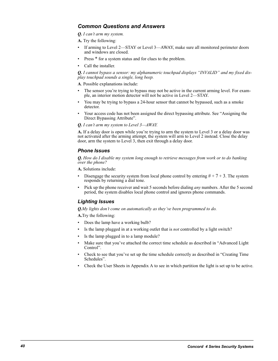 Common questions and answers, Phone issues, Lighting issues | Phone issues lighting issues | GE 4 Series User Manual | Page 50 / 72