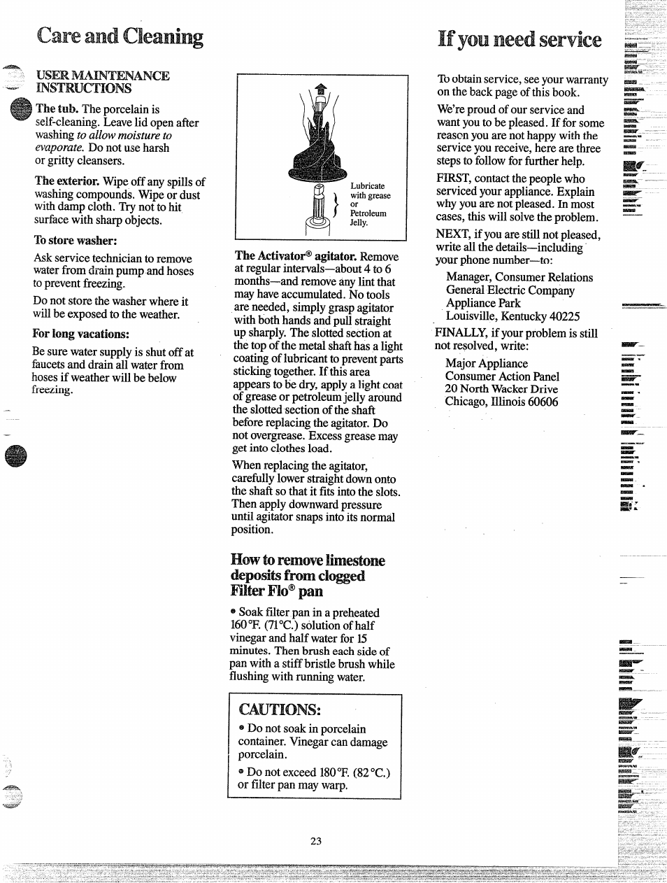 Care and cleaning if you need service, Cautions | GE MINI BASKET MA5800G User Manual | Page 23 / 24