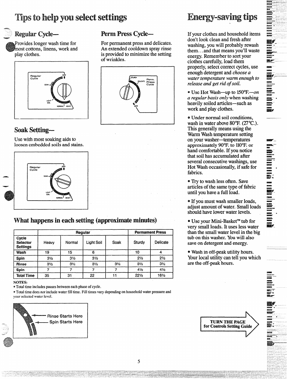 Tips to help you select settings, Energy-sayiiig tips i, Regiîlar cyck | Ferm press cycle, Soak setting, What happens in each setting (approximate minutes) | GE MINI BASKET MA5800G User Manual | Page 5 / 24