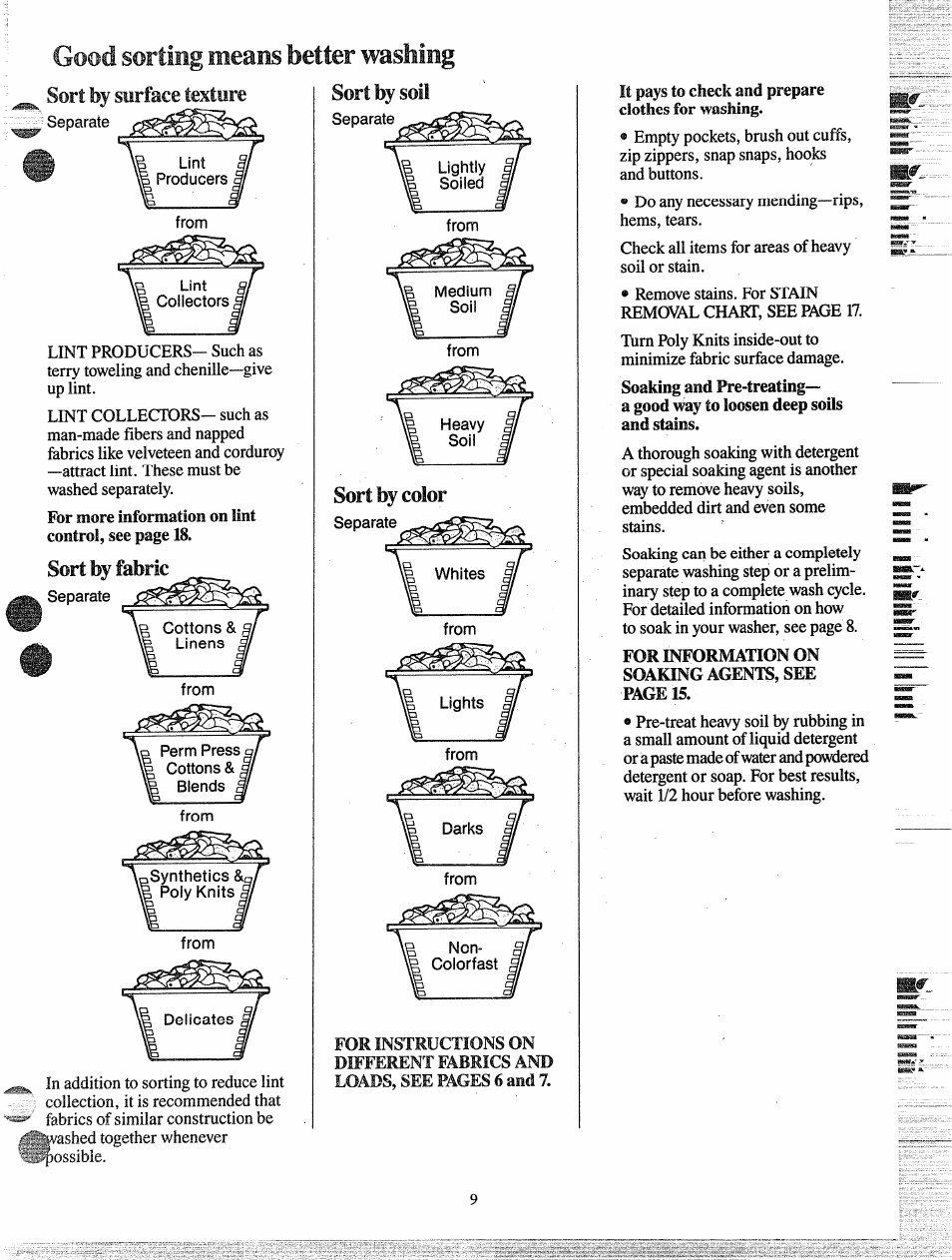 Sort by surface texture sort by soil, Sort by fabric, Sort by color | Good sorting means better washing, Sort, Fabric | GE MINI BASKET MA5800G User Manual | Page 9 / 24