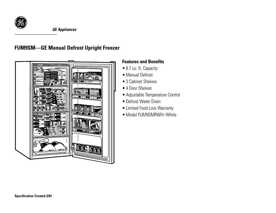 Fum9sm—ge manual defrost upright freezer | GE FUM9SMRWH User Manual | Page 2 / 2