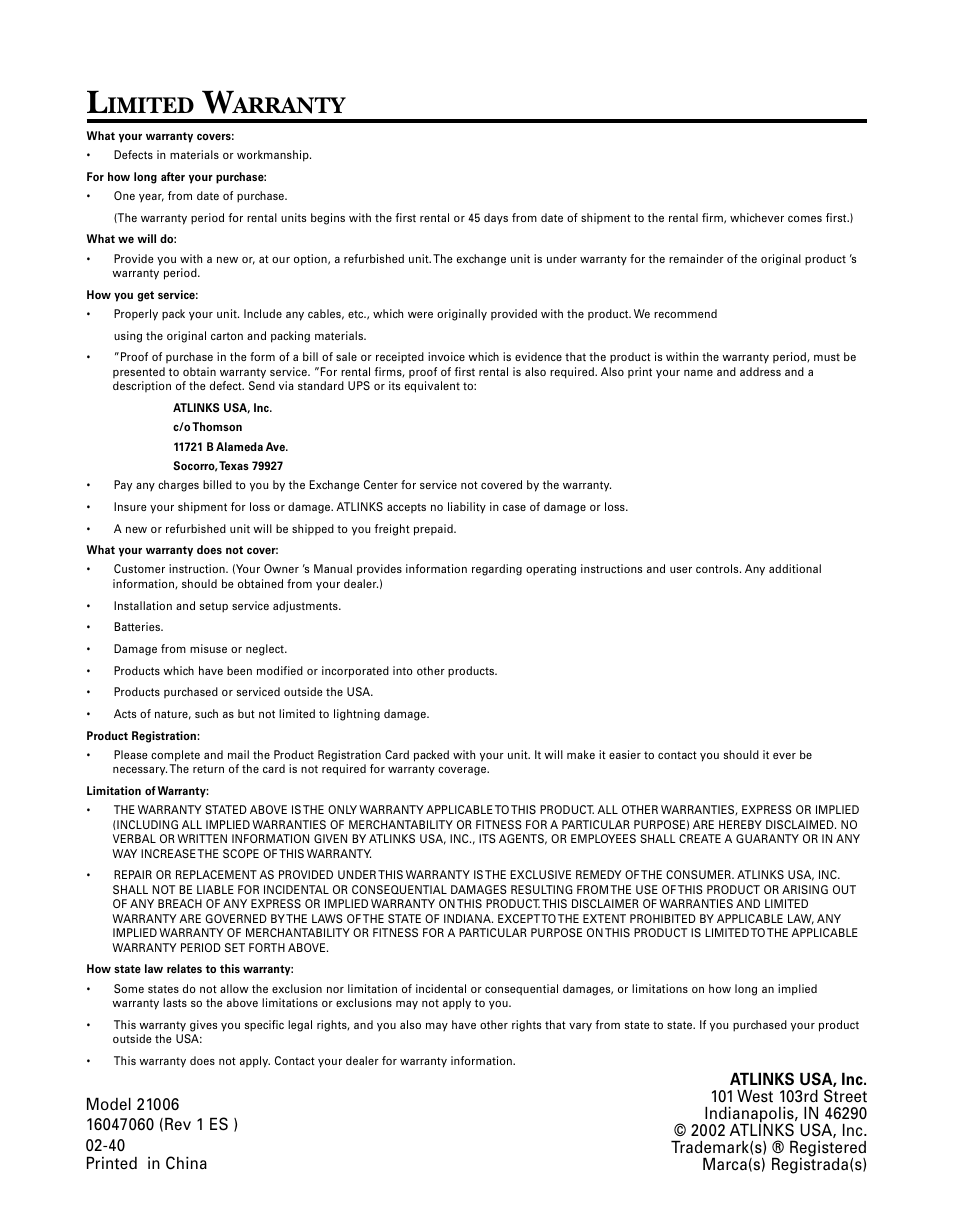 Imited, Arranty | GE 21006 User Manual | Page 44 / 44
