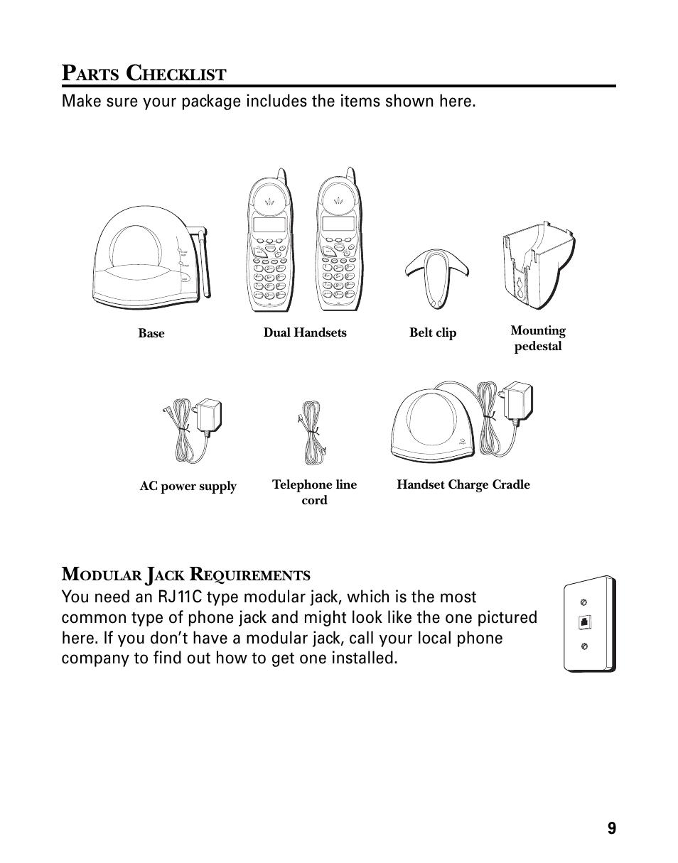Arts, Hecklist, Odular | Equirements, Handset charge cradle | GE 21006 User Manual | Page 9 / 44