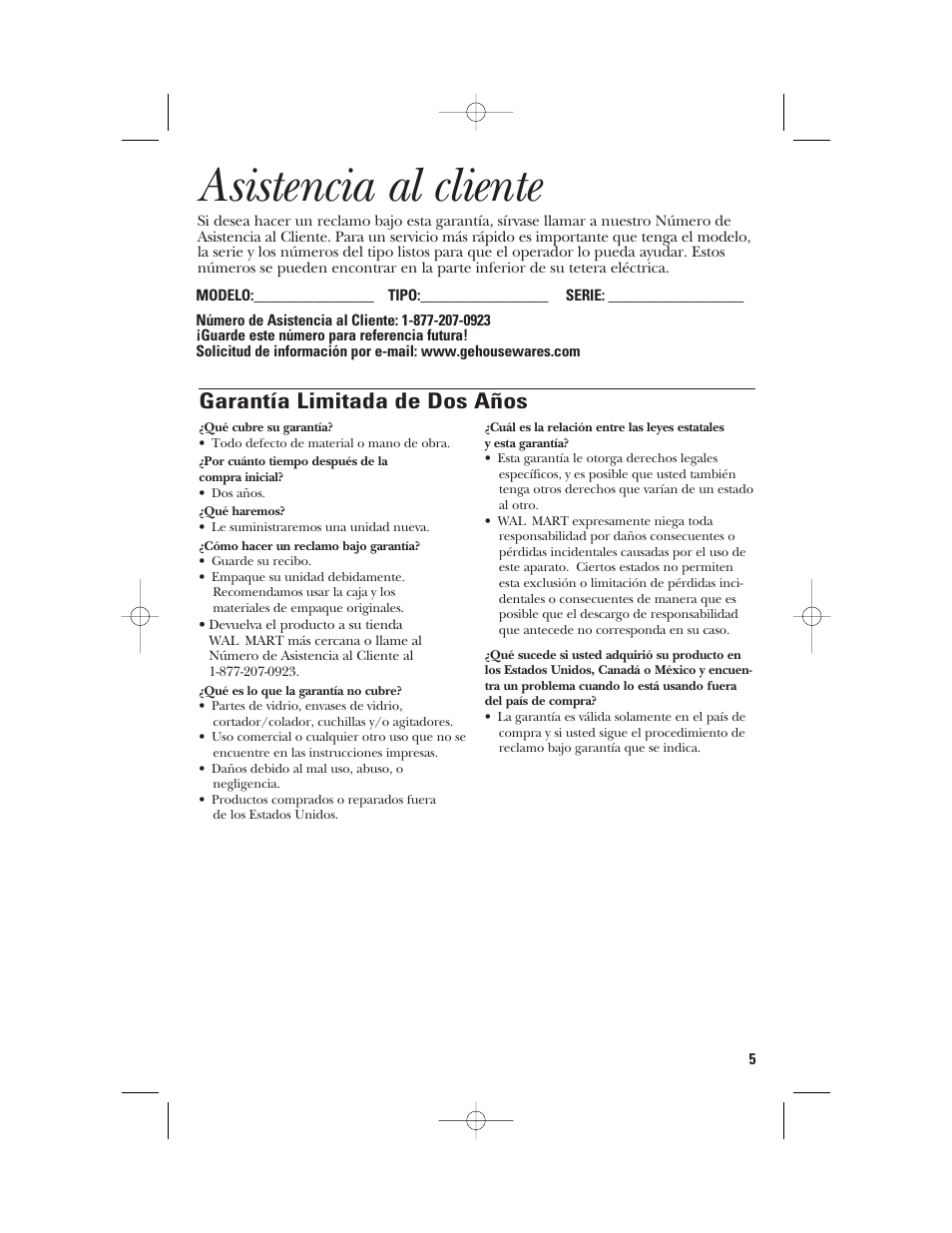 Asistencia al cliente, Garantía limitada de dos años | GE 106824 User Manual | Page 11 / 12