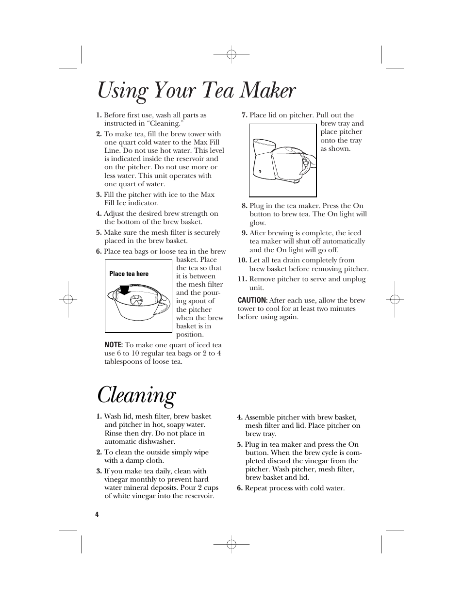 Using your tea maker, Cleaning | GE 106824 User Manual | Page 4 / 12