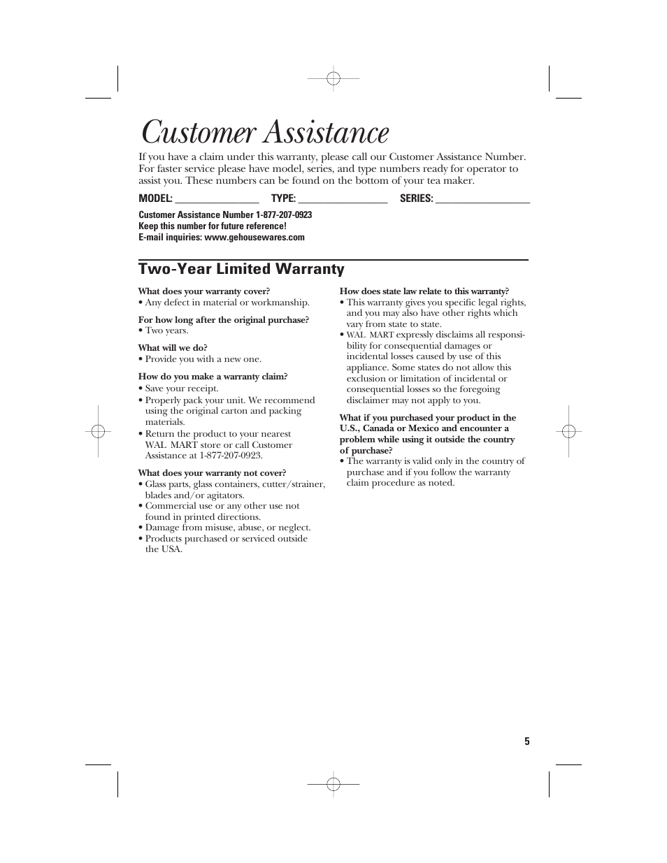 Customer assistance, Two-year limited warranty | GE 106824 User Manual | Page 5 / 12