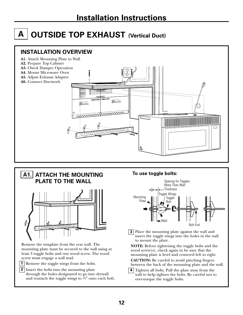 A. outside top exhaust, Attach mounting plate to wall, Outside top exhaust –14 | Outside top exhaust, Installation instructions, Attach the mounting plate to the wall a1. 12, Vertical duct), Installation overview | GE DE68-02957A User Manual | Page 12 / 48
