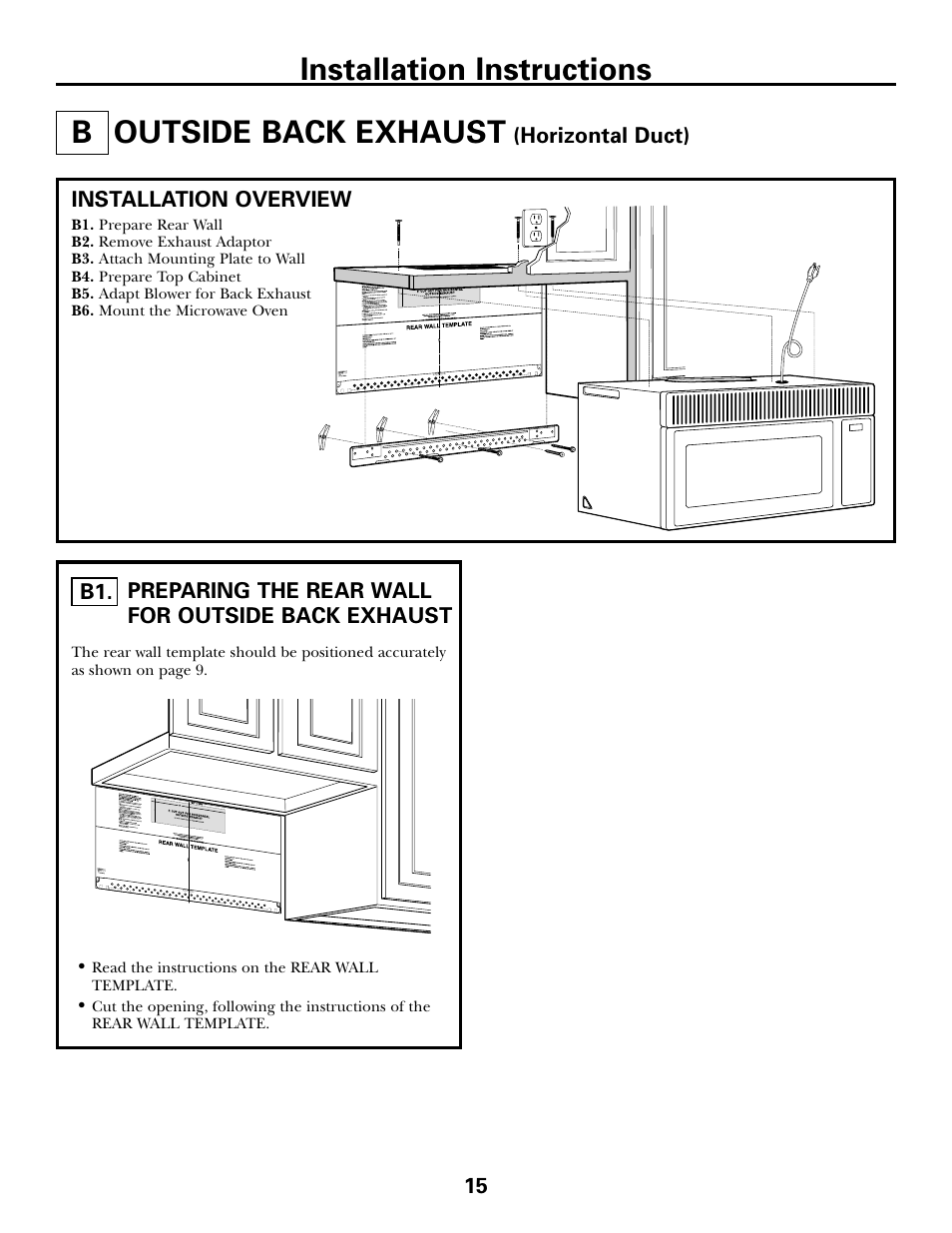 B. outside back exhaust, Preparing rear wall for outside back exhaust, Remove exhaust adaptor | Outside back exhaust –18, Outside back exhaust, Installation instructions b | GE DE68-02957A User Manual | Page 15 / 48