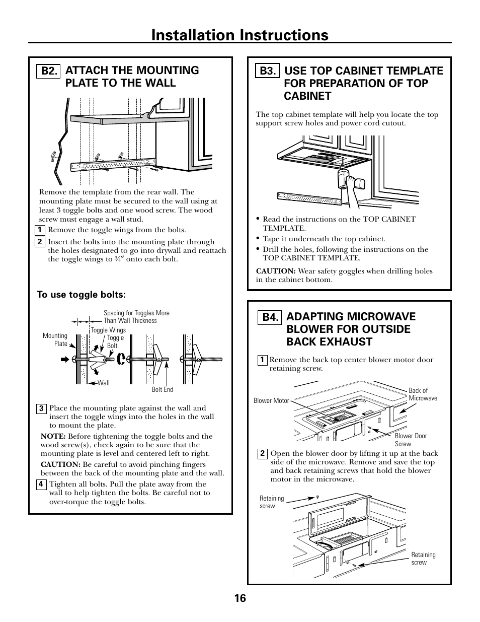 Attach mounting plate to wall, Preparation of top cabinet, Adapting microwave blower for outside back exhaust | Installation instructions, Attach the mounting plate to the wall b2 | GE DE68-02957A User Manual | Page 16 / 48