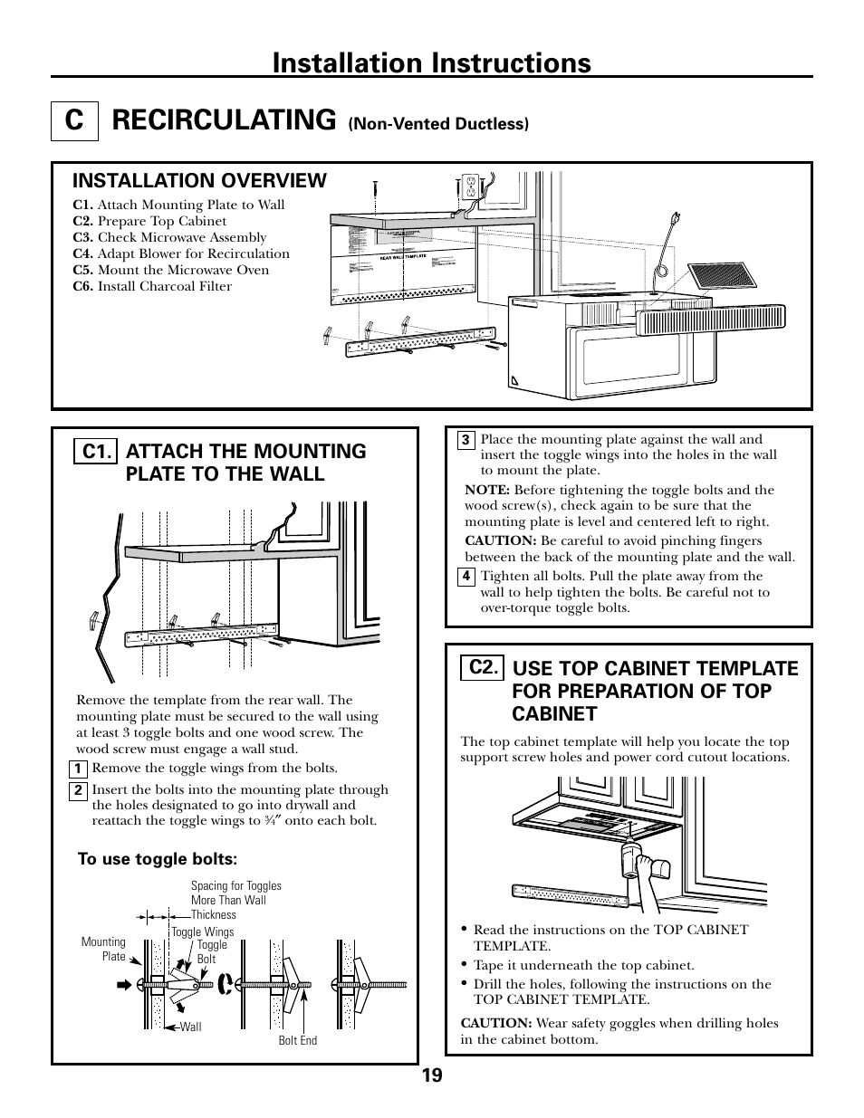 C. recirculating, Attach mounting plate to wall, Preparation of top cabinet | Recirculating –22, Recirculating, Installation instructions, Installation overview, Attach the mounting plate to the wall c1 | GE DE68-02957A User Manual | Page 19 / 48
