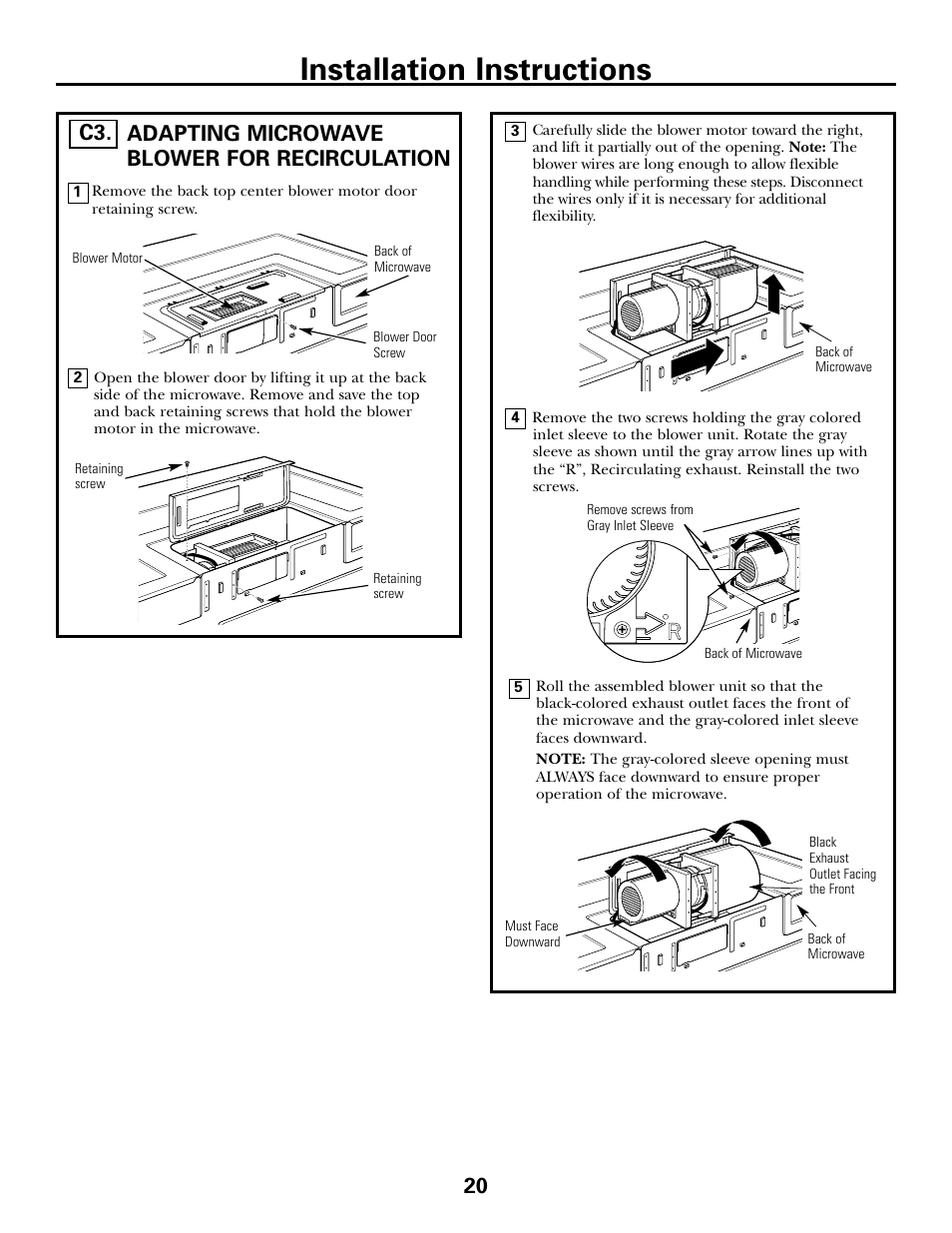 Adapting microwave blower for recirculation, Adapting microwave blower for recirculation , 21, Installation instructions | Adapting microwave blower for recirculation c3. 20 | GE DE68-02957A User Manual | Page 20 / 48