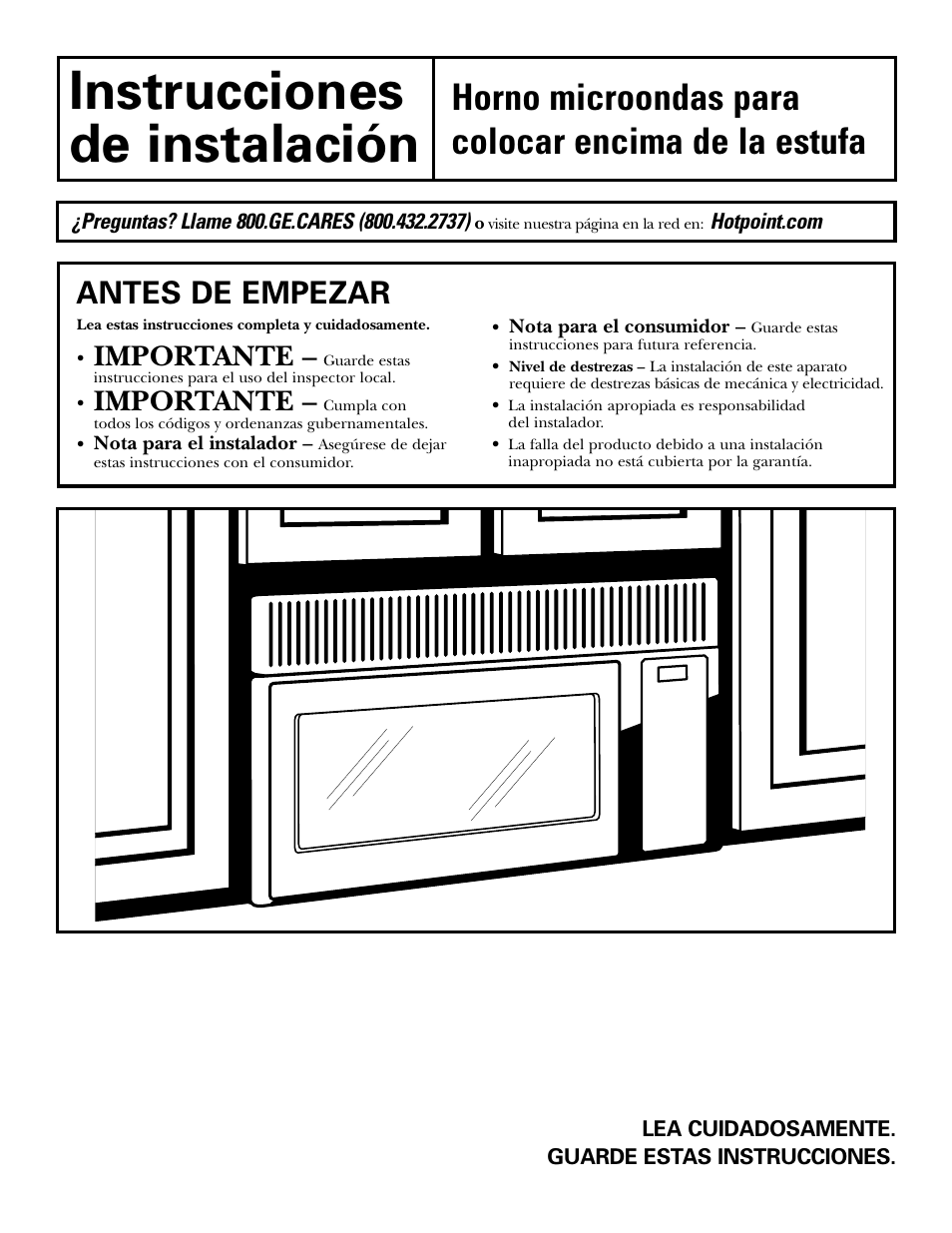 Instrucciones de instalación, Horno microondas para colocar encima de la estufa, Antes de empezar | Importante | GE DE68-02957A User Manual | Page 25 / 48