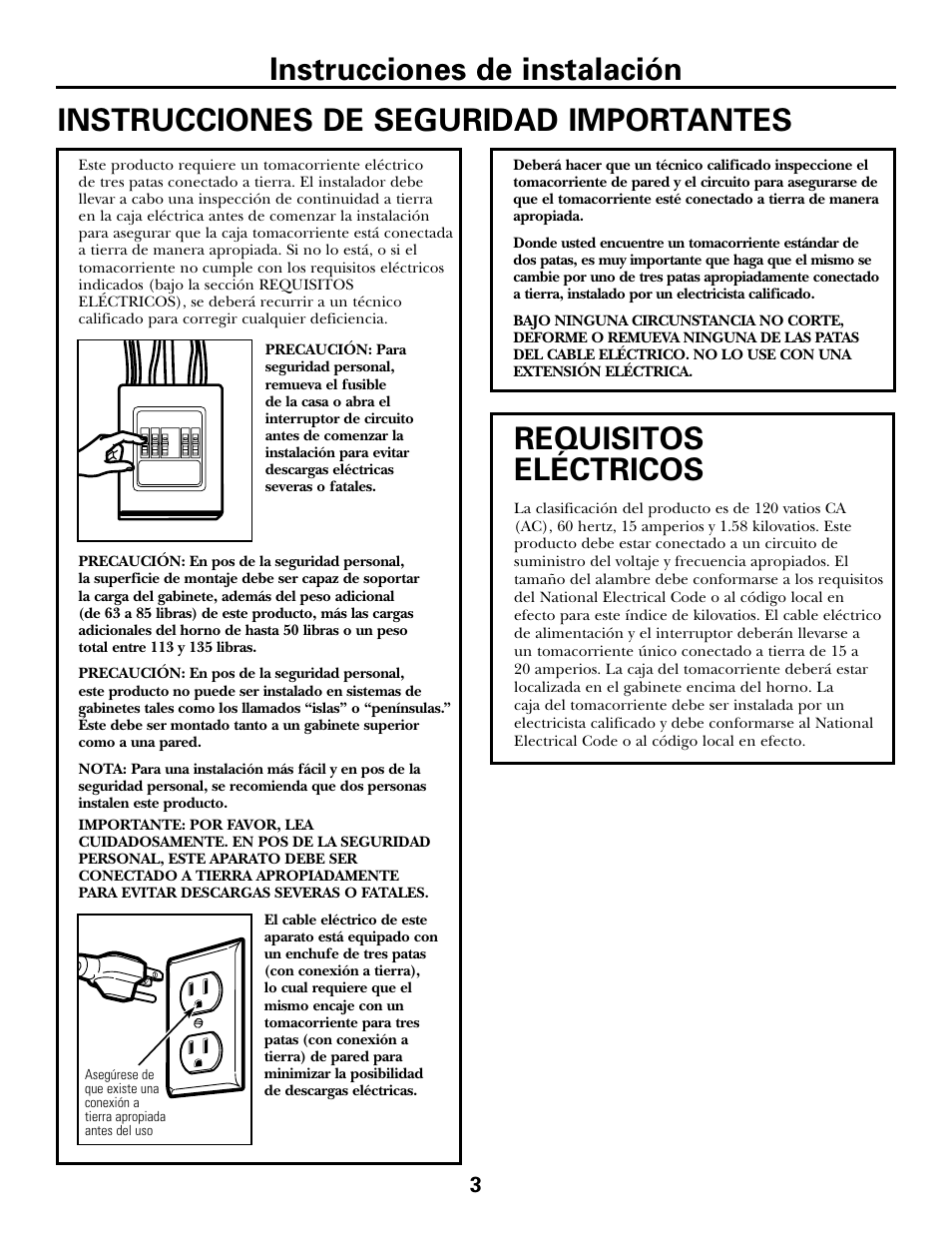 Instrucciones de seguridad importantes, Requisitos eléctricos, Instrucciones de instalación | GE DE68-02957A User Manual | Page 27 / 48