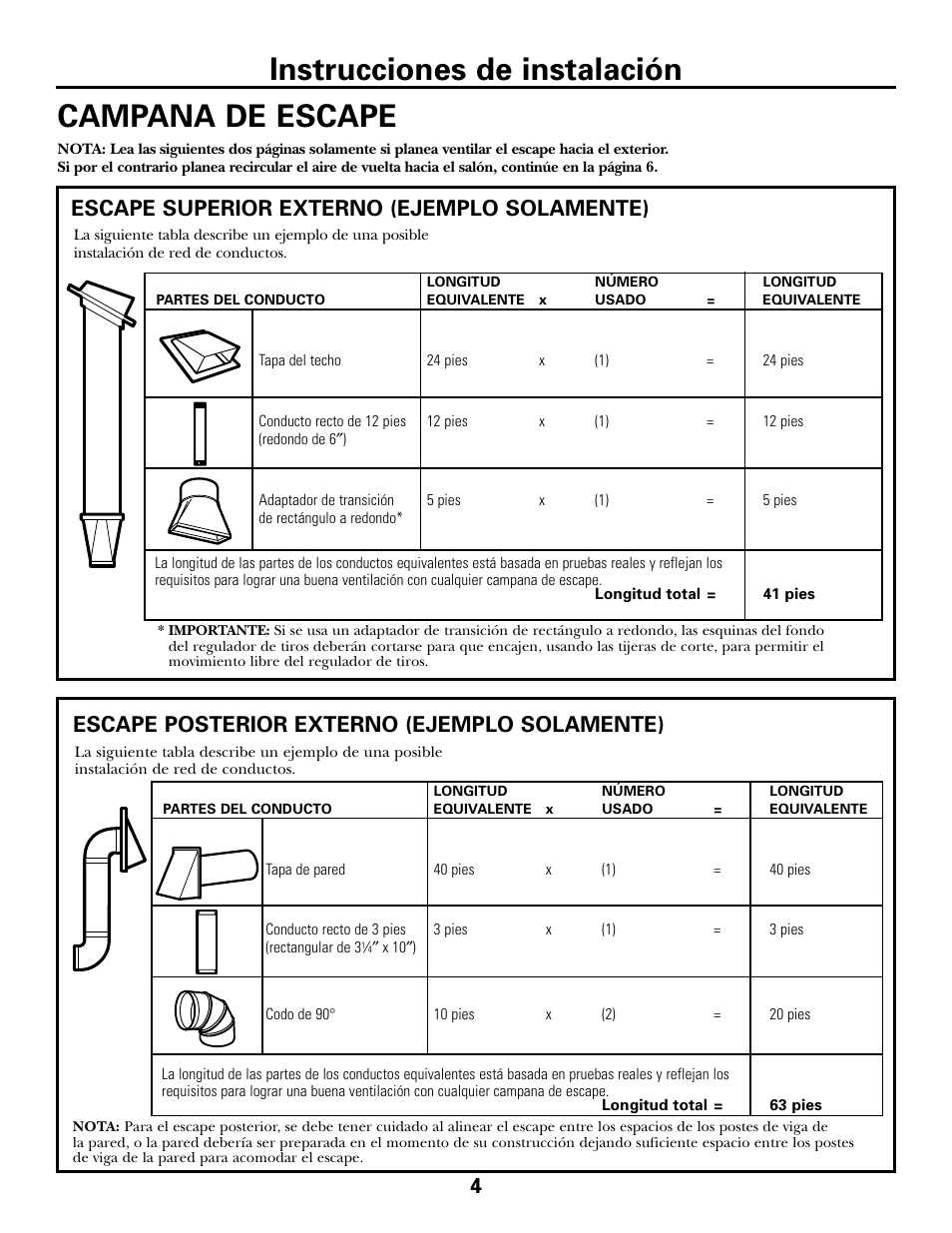 Campana de escape, Campana de escape , 5, Instrucciones de instalación | Escape superior externo (ejemplo solamente), Escape posterior externo (ejemplo solamente) | GE DE68-02957A User Manual | Page 28 / 48