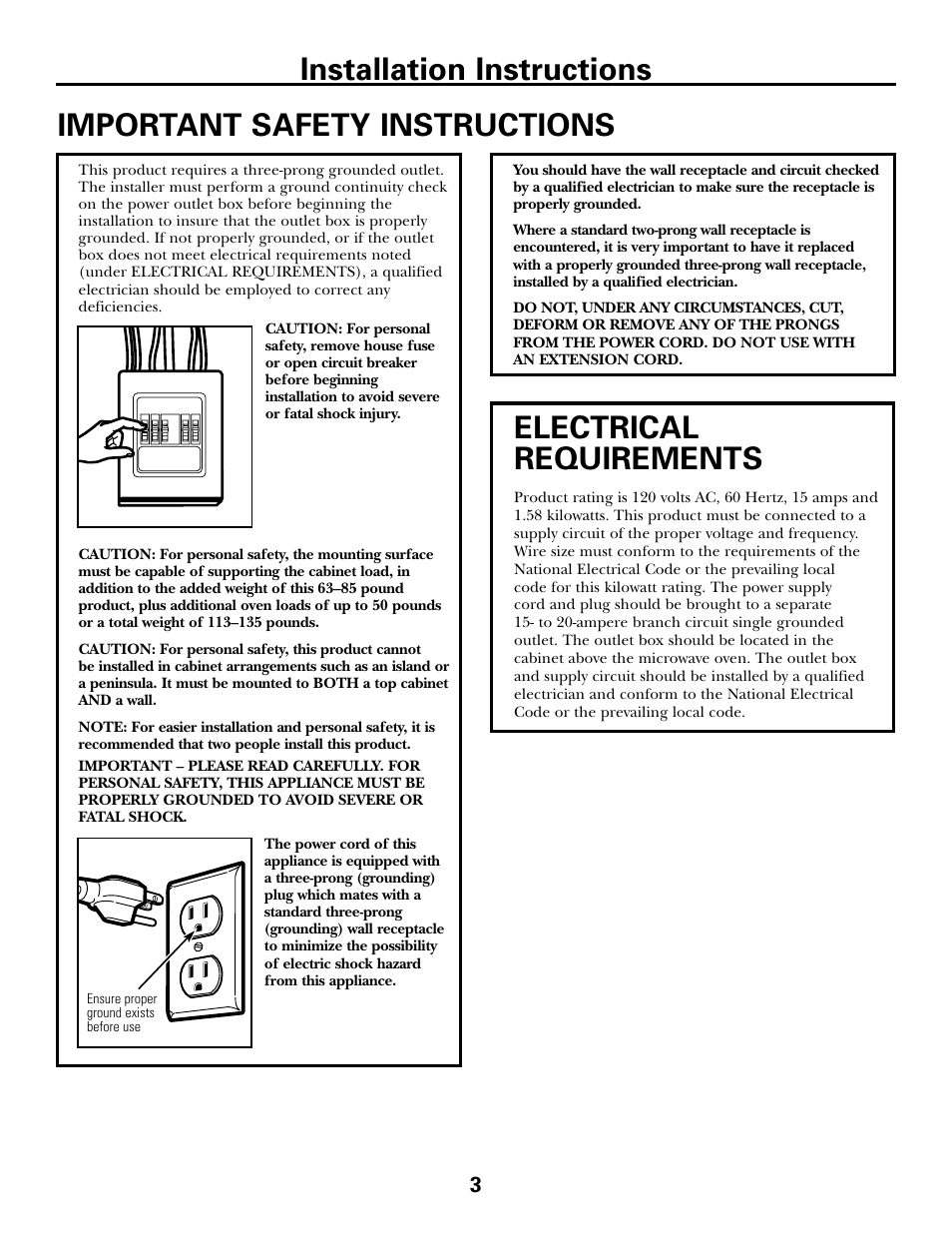 Important safety instructions, Electrical requirements, Installation instructions | GE DE68-02957A User Manual | Page 3 / 48