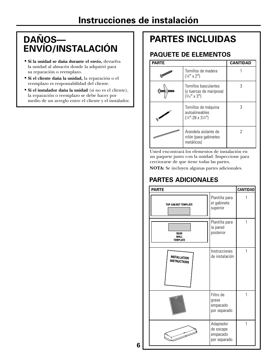 Daños – envío/instalación, Partes incluidas, Paquete de elementos partes adicionales | GE DE68-02957A User Manual | Page 30 / 48