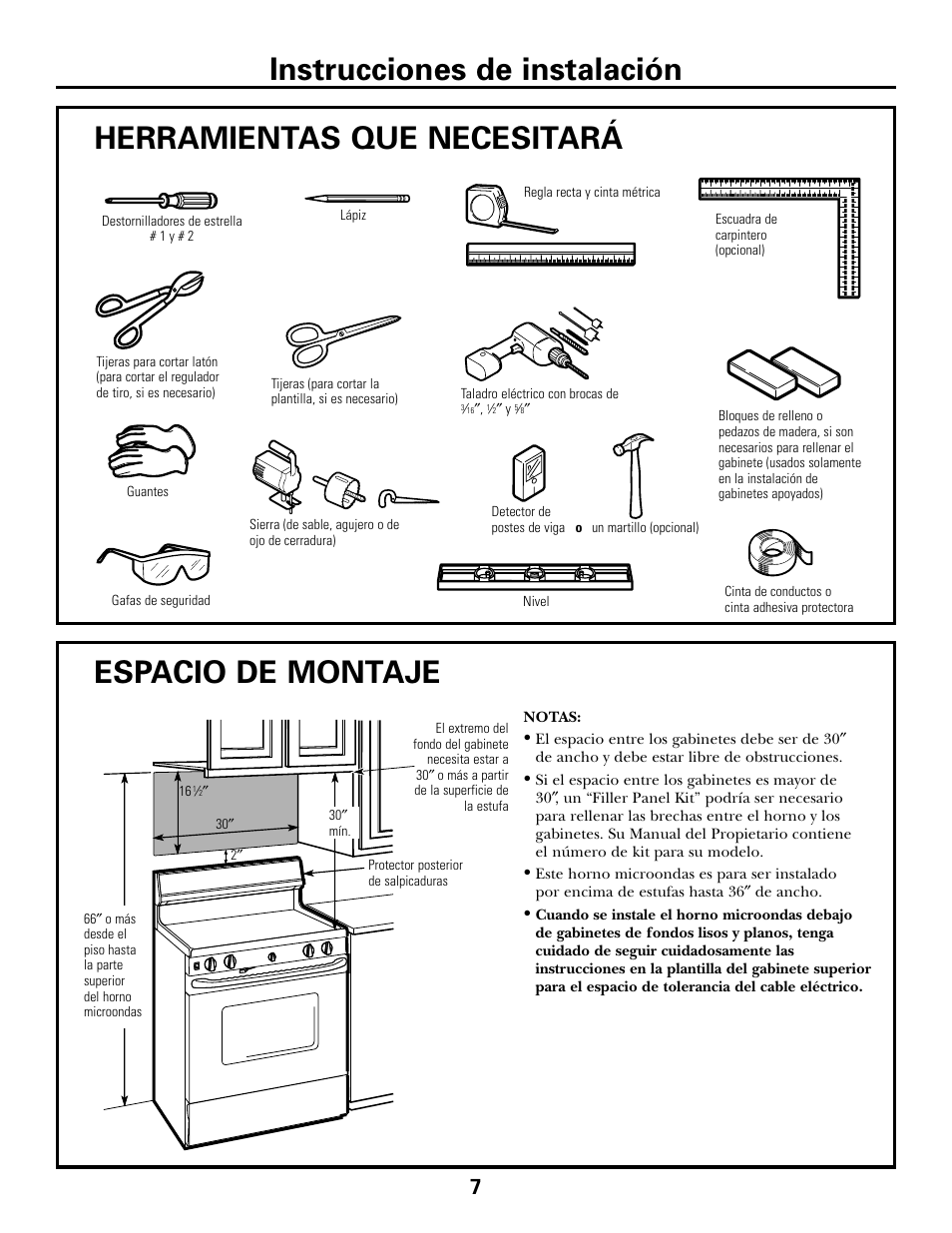 Herramientas que necesitará, Espacio de montaje, Instrucciones de instalación | GE DE68-02957A User Manual | Page 31 / 48