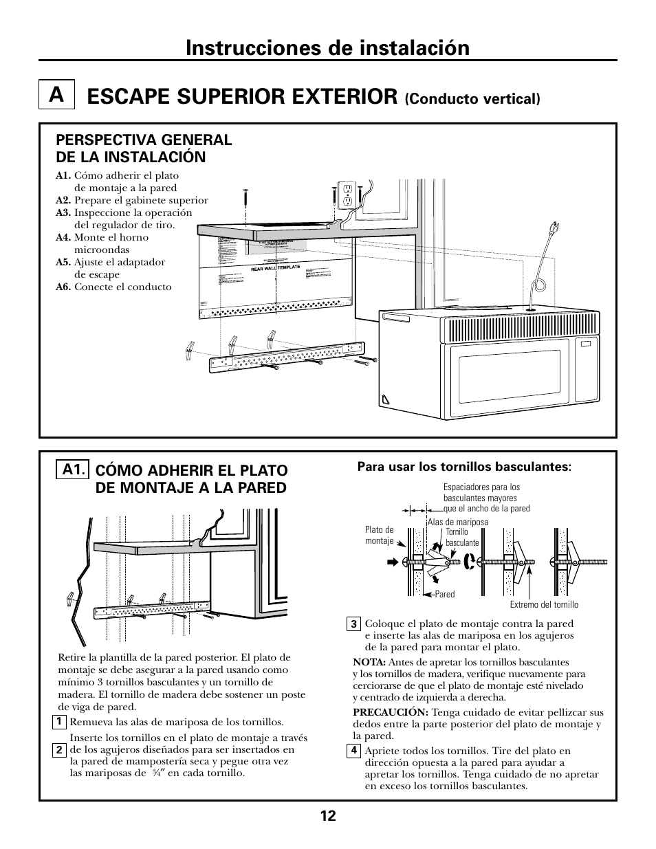 A. escape superior exterior, Cómo adherir el plato de montaje a la pared, Escape superior exterior –14 | Escape superior exterior, Instrucciones de instalación, Cómo adherir el plato de montaje a la pared a1, Conducto vertical), Perspectiva general de la instalación | GE DE68-02957A User Manual | Page 36 / 48