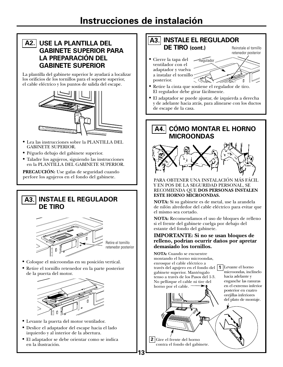 Preparación del gabinete superior, Cómo instalar el regulador de tiro, Cómo montar el horno microondas | Cómo montar el horno microondas , 14, Instrucciones de instalación, Instale el regulador de tiro a3, Instale el regulador de tiro | GE DE68-02957A User Manual | Page 37 / 48