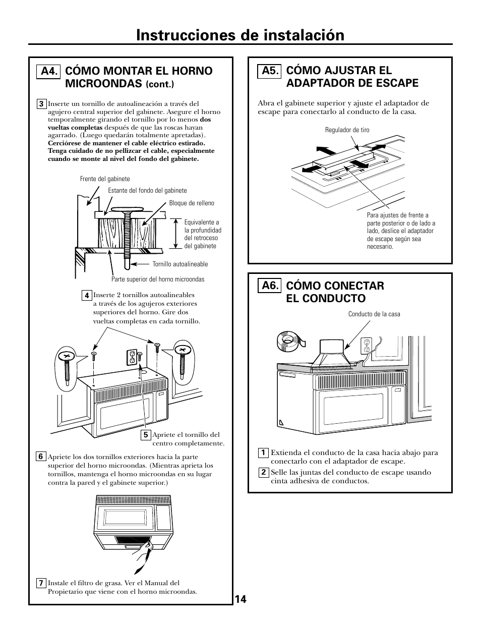 Cómo ajustar el adaptador de escape, Cómo conectar la red de conductos, Instrucciones de instalación | Cómo ajustar el adaptador de escape a5, Cómo conectar el conducto, Cómo montar el horno microondas | GE DE68-02957A User Manual | Page 38 / 48