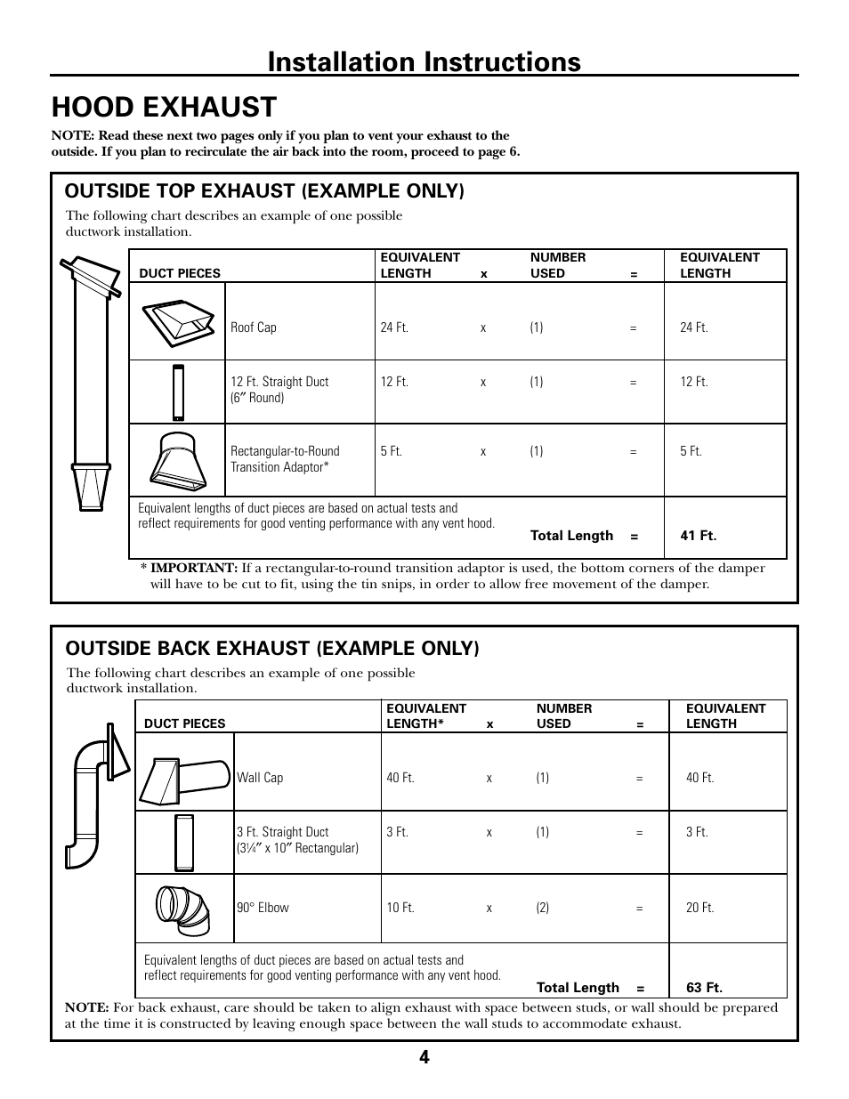 Hood exhaust, Hood exhaust , 5, Installation instructions | Outside top exhaust (example only), Outside back exhaust (example only) | GE DE68-02957A User Manual | Page 4 / 48